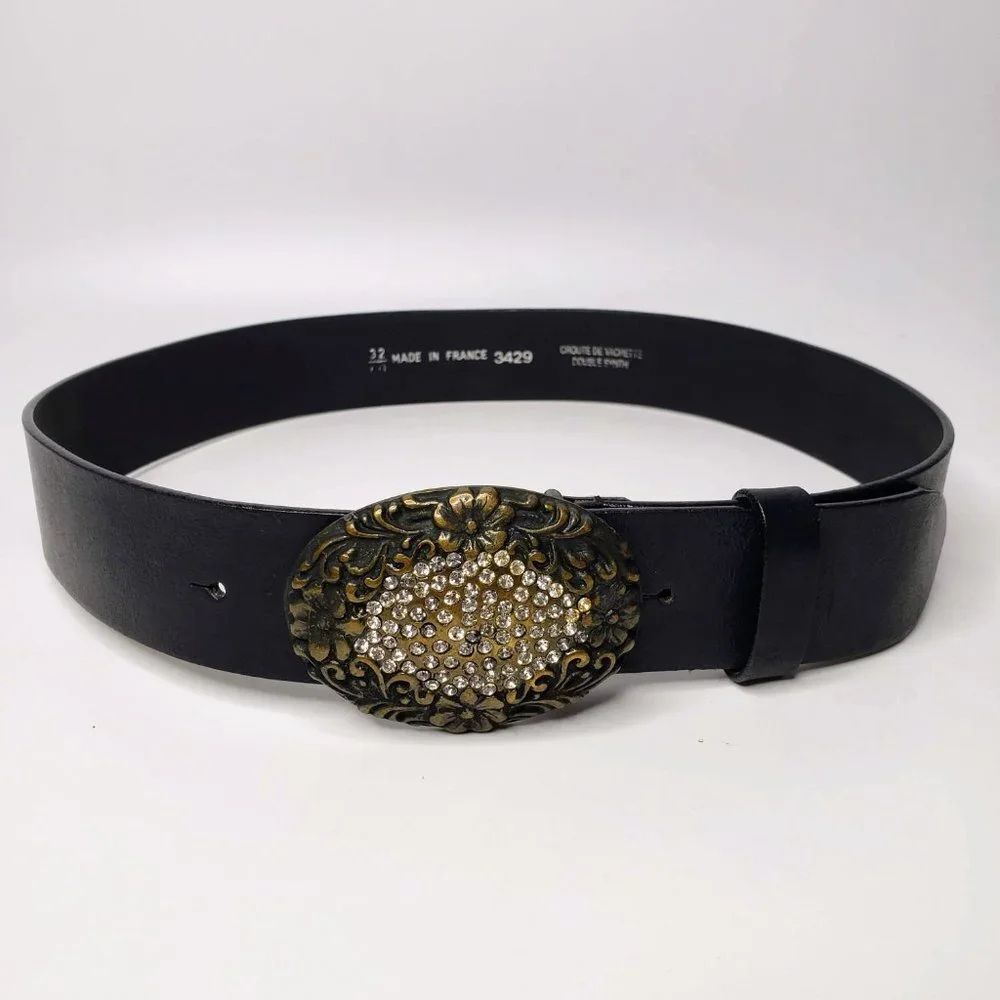 Jewel Encrusted Floral Embossed Bronze Tone Chunky Buckle Belt 32